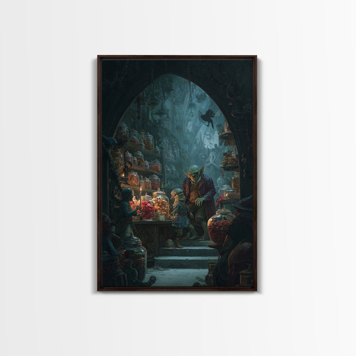 The Goblin Candy Shop, Dark Symbolist Art, Vertical Wall Art, Dark Halloween Decor, Canvas Print, Halloween Wall Art