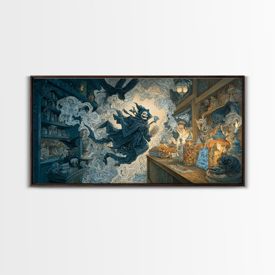 The Goblin Candy Shop, Macabre Folk Print Art, Wide Panoramic Art, Gothic Horror Wall Art, Framed Canvas Print