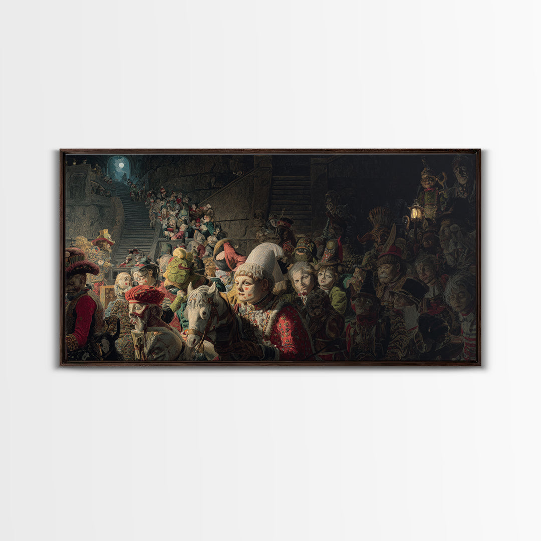 The Haunted Toy Parade, Architectural Etching Art, Wide Panoramic Art, Macabre Wall Art, Canvas Print, Halloween Wall Art