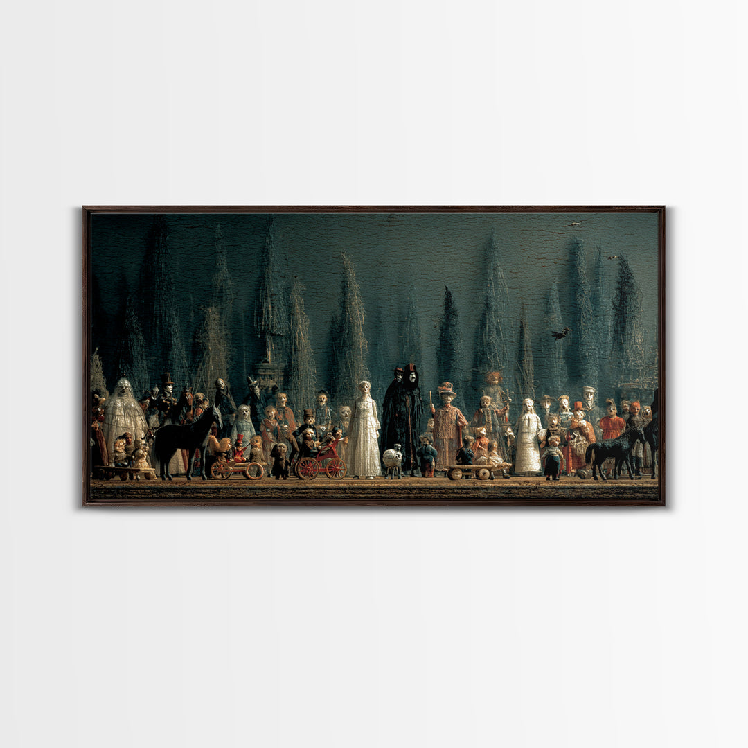The Haunted Toy Parade, Symbolist Gothic Landscape, Wide Panoramic Art, Gothic Horror Wall Art, Framed Canvas Print, Halloween Wall Art