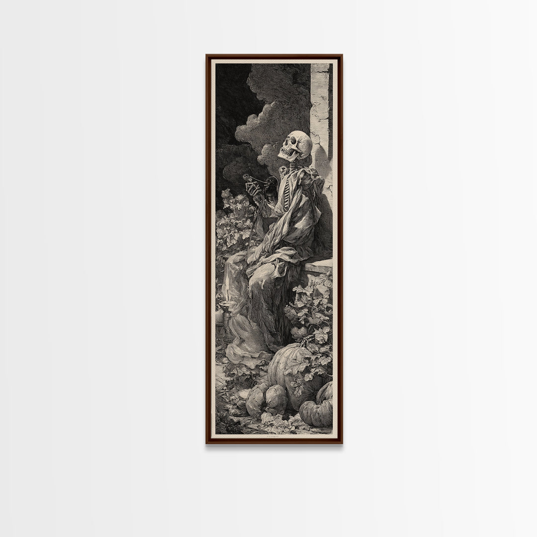 The Skeleton Gardeners, Gothic Engraving Art, Tall Narrow Wall Art, Dark Halloween Decor, Framed Canvas Print, Halloween Wall Art