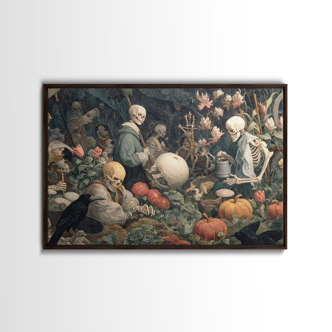 The Skeleton Gardeners, Medieval Grotesque Art, Landscape Wall Art, Dark Fantasy Wall Art, Canvas Print, Halloween Wall Art