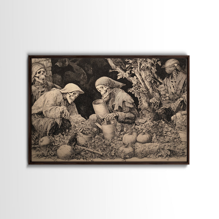 The Skeleton Gardeners, Renaissance Engraving Art, Landscape Wall Art, Dark Fantasy Wall Art, Canvas Print, Halloween Wall Art