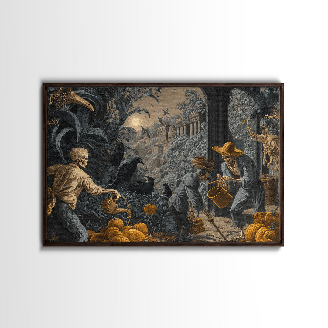 The Skeleton Gardeners, Architectural Etching Art, Landscape Wall Art, Dark Halloween Decor, Canvas Print, Halloween Wall Art