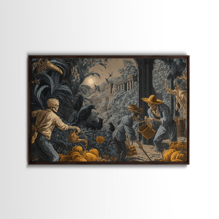 The Skeleton Gardeners, Architectural Etching Art, Landscape Wall Art, Dark Halloween Decor, Canvas Print, Halloween Wall Art