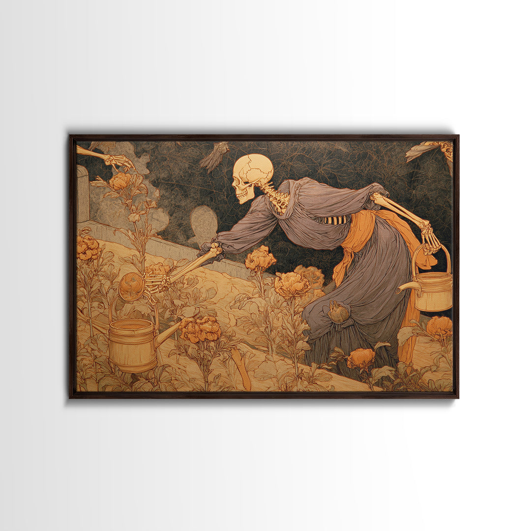 The Skeleton Gardeners, Symbolist Death Art, Landscape Wall Art, Dark Halloween Decor, Framed Canvas Print, Halloween Wall Art