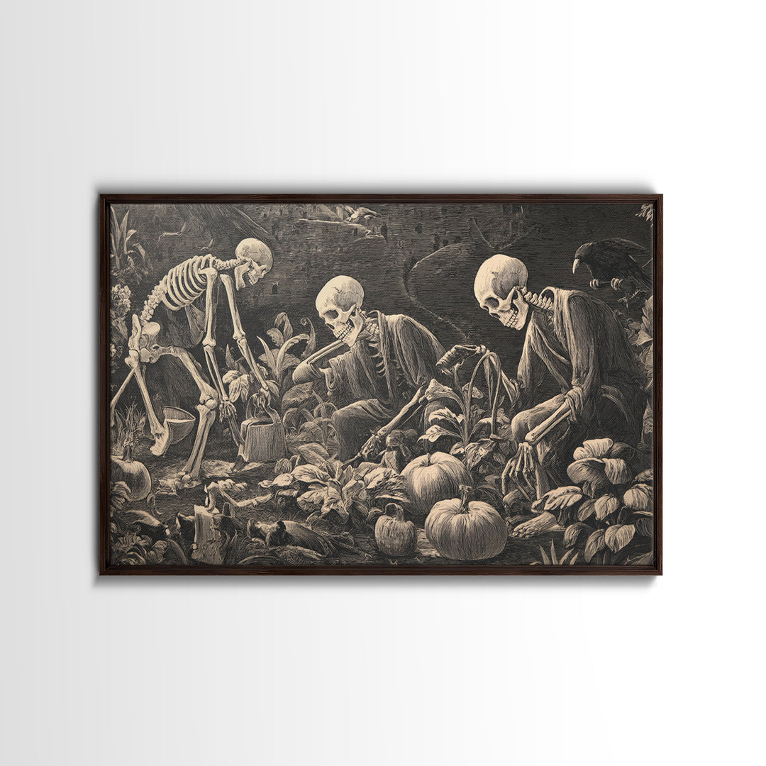 The Skeleton Gardeners, Symbolist Etching Art, Landscape Wall Art, Gothic Horror Wall Art, Framed Canvas Print, Halloween Wall Art
