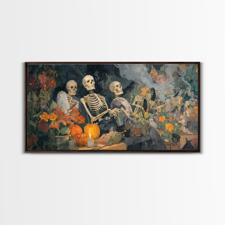 The Skeleton Gardeners, Grotesque Carnival Art, Wide Panoramic Art, Gothic Horror Wall Art, Framed Canvas Print, Halloween Wall Art