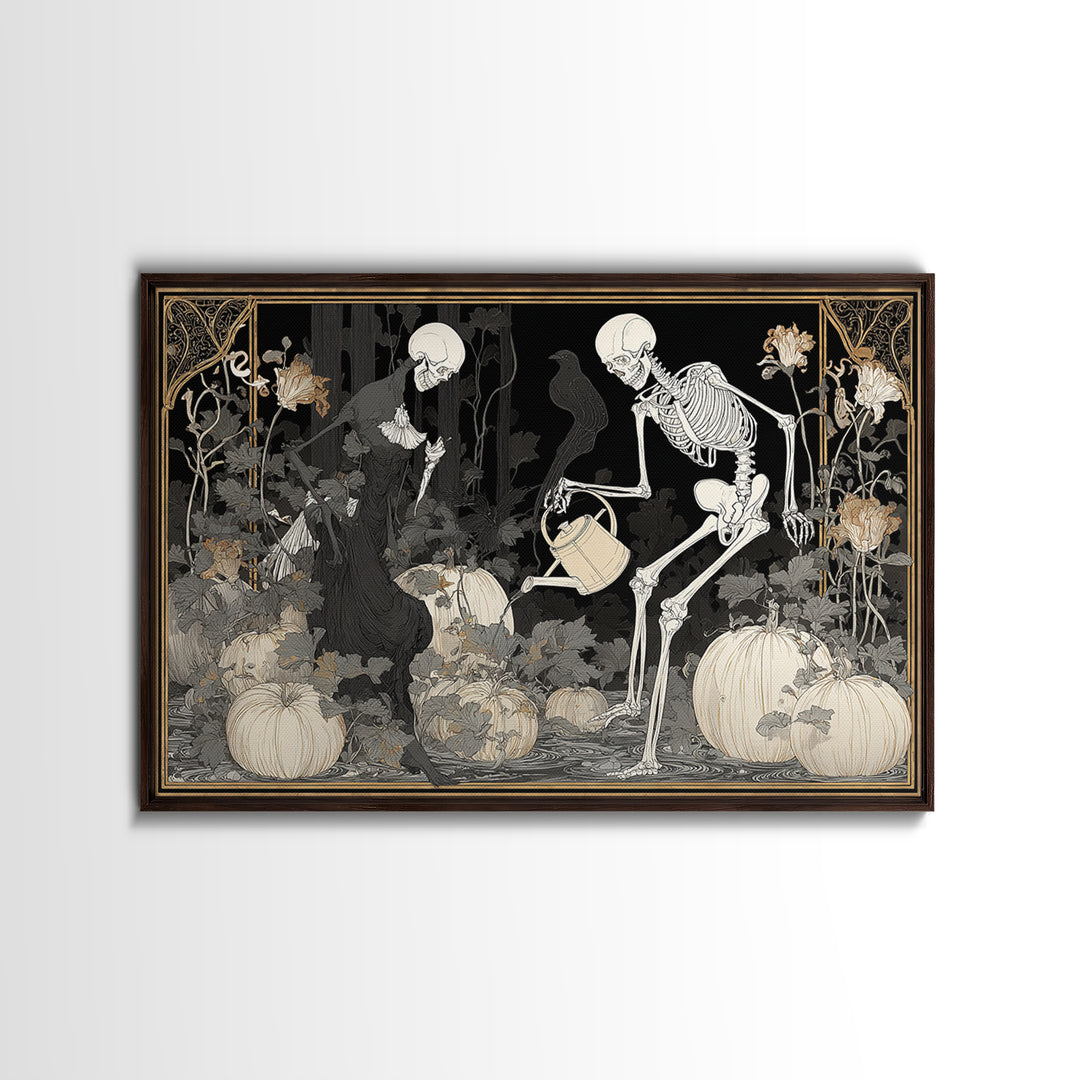 The Skeleton Gardeners, Decadent Line Art, Landscape Wall Art, Gothic Horror Wall Art, Framed Canvas Print, Halloween Wall Art