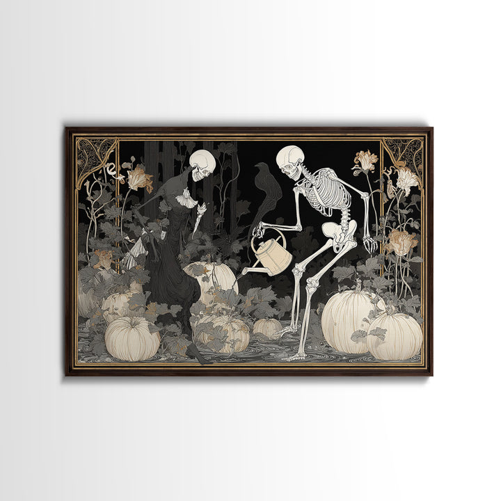 The Skeleton Gardeners, Decadent Line Art, Landscape Wall Art, Gothic Horror Wall Art, Framed Canvas Print, Halloween Wall Art