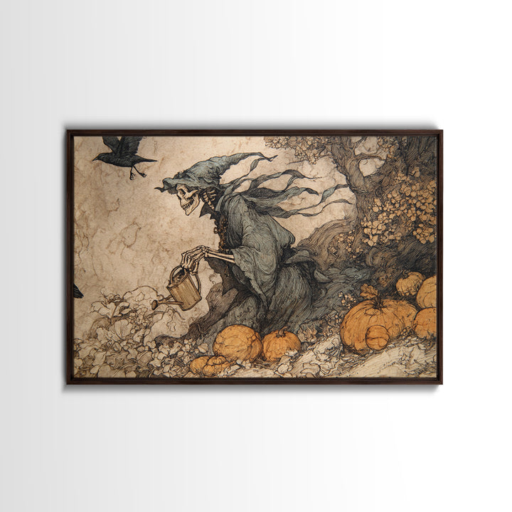 The Skeleton Gardeners, Gothic Storybook Art, Landscape Wall Art, Gothic Horror Wall Art, Canvas Print, Halloween Wall Art