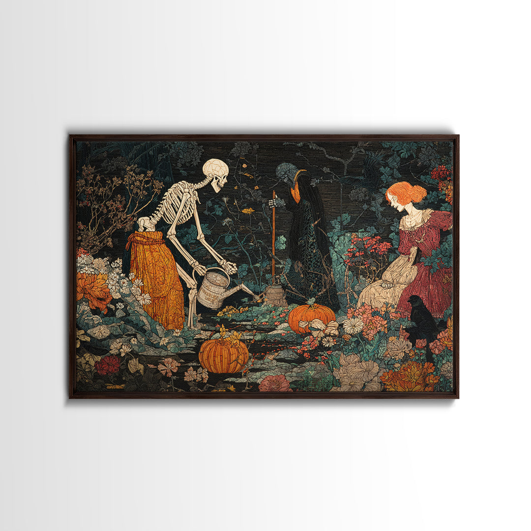 The Skeleton Gardeners, Stained Glass Gothic Art, Landscape Wall Art, Gothic Horror Wall Art, Canvas Print, Halloween Wall Art