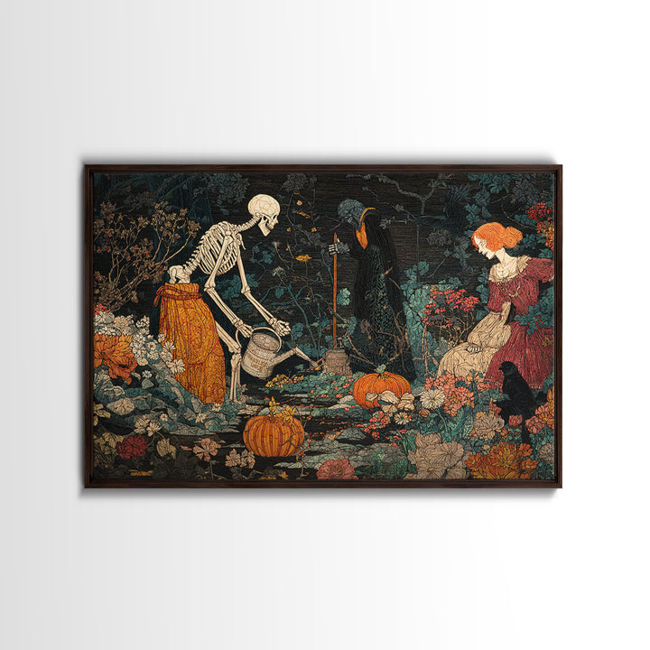 The Skeleton Gardeners, Stained Glass Gothic Art, Landscape Wall Art, Gothic Horror Wall Art, Canvas Print, Halloween Wall Art