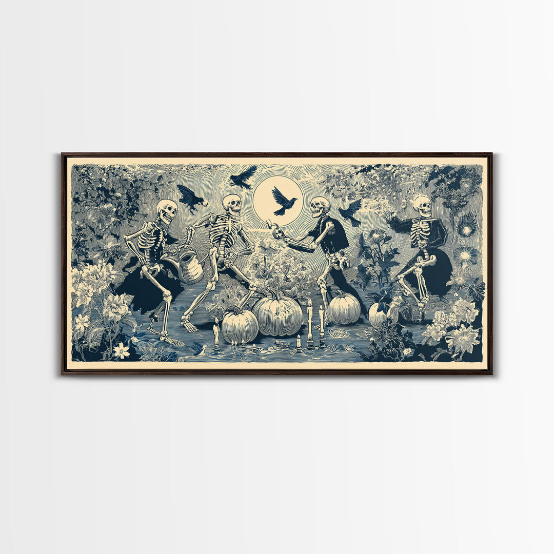 The Skeleton Gardeners, Macabre Folk Print Art, Wide Panoramic Art, Macabre Wall Art, Canvas Print, Halloween Wall Art