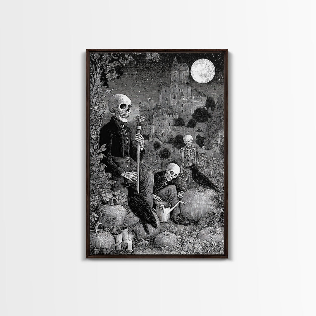 The Skeleton Gardeners, Victorian Macabre Art, Vertical Wall Art, Dark Fantasy Wall Art, Canvas Print, Halloween Wall Art