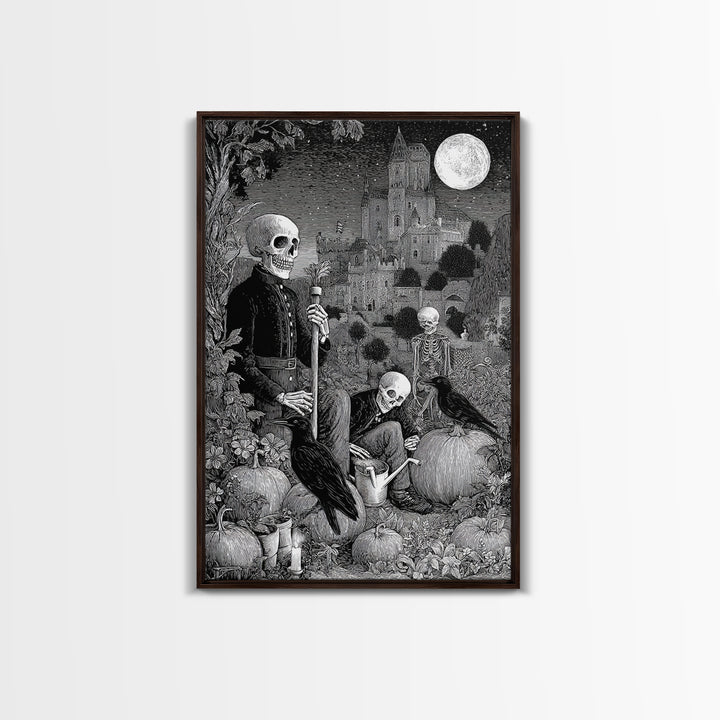 The Skeleton Gardeners, Victorian Macabre Art, Vertical Wall Art, Dark Fantasy Wall Art, Canvas Print, Halloween Wall Art