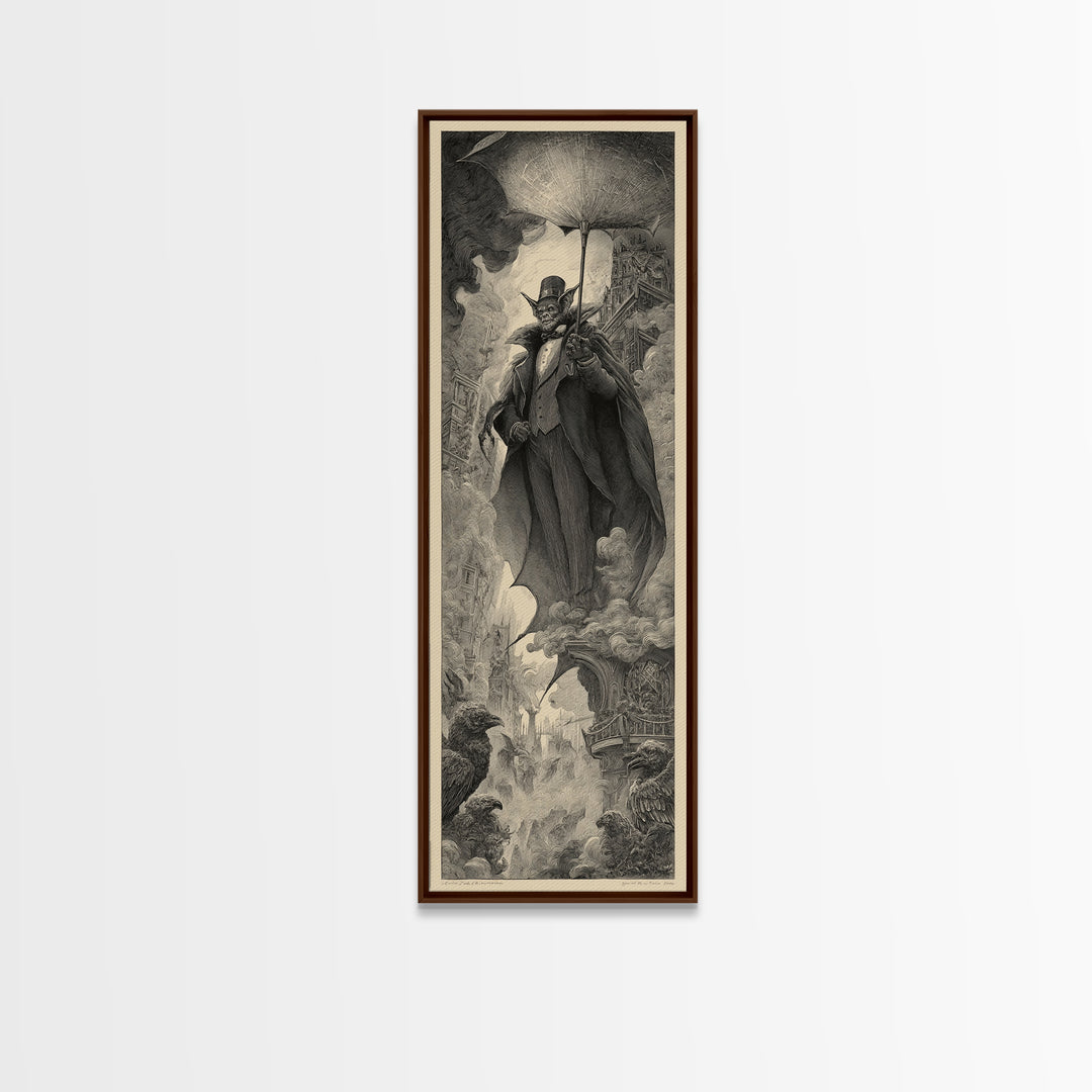 The Bat Umbrella Salesman, Gothic Engraving Art, Tall Narrow Wall Art, Macabre Wall Art, Canvas Print, Halloween Wall Art