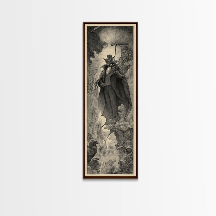The Bat Umbrella Salesman, Gothic Engraving Art, Tall Narrow Wall Art, Macabre Wall Art, Canvas Print, Halloween Wall Art