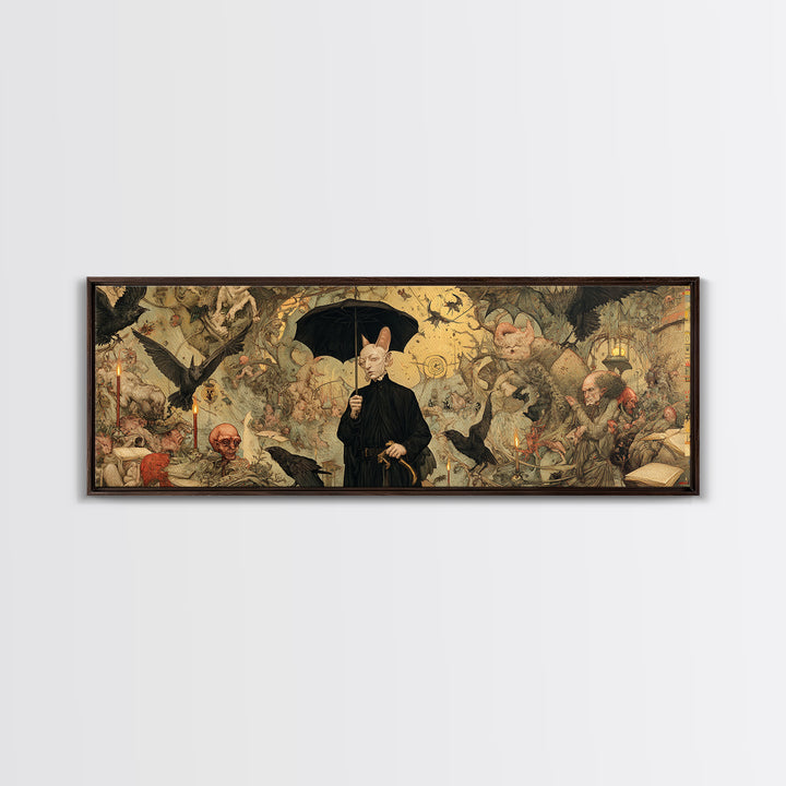 The Bat Umbrella Salesman, Medieval Grotesque Art, Extra Wide Wall Art, Gothic Horror Wall Art, Canvas Print, Halloween Wall Art