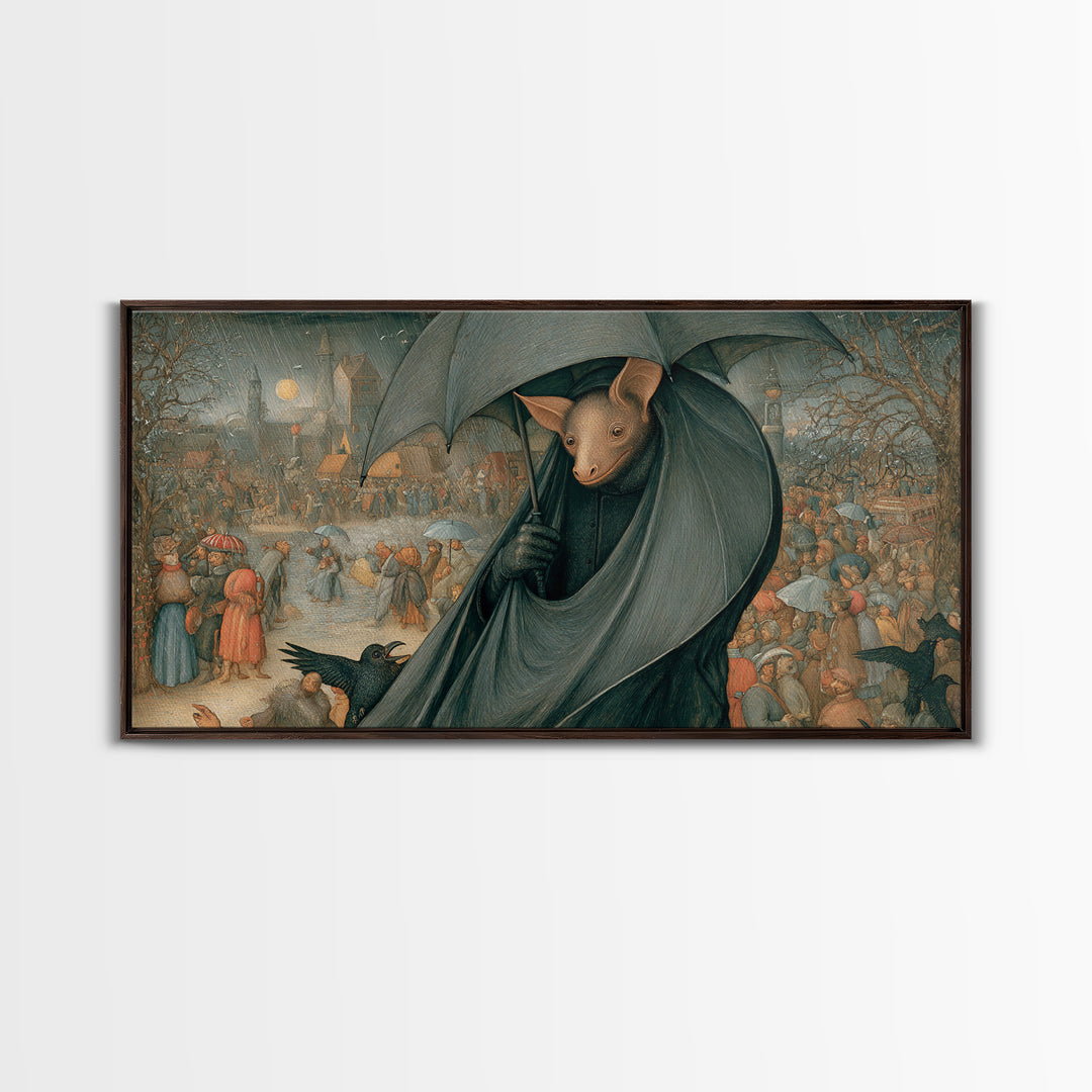 The Bat Umbrella Salesman, Northern Renaissance Horror, Wide Panoramic Art, Gothic Horror Wall Art, Framed Canvas Print