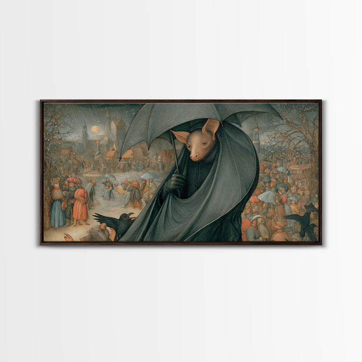The Bat Umbrella Salesman, Northern Renaissance Horror, Wide Panoramic Art, Gothic Horror Wall Art, Framed Canvas Print