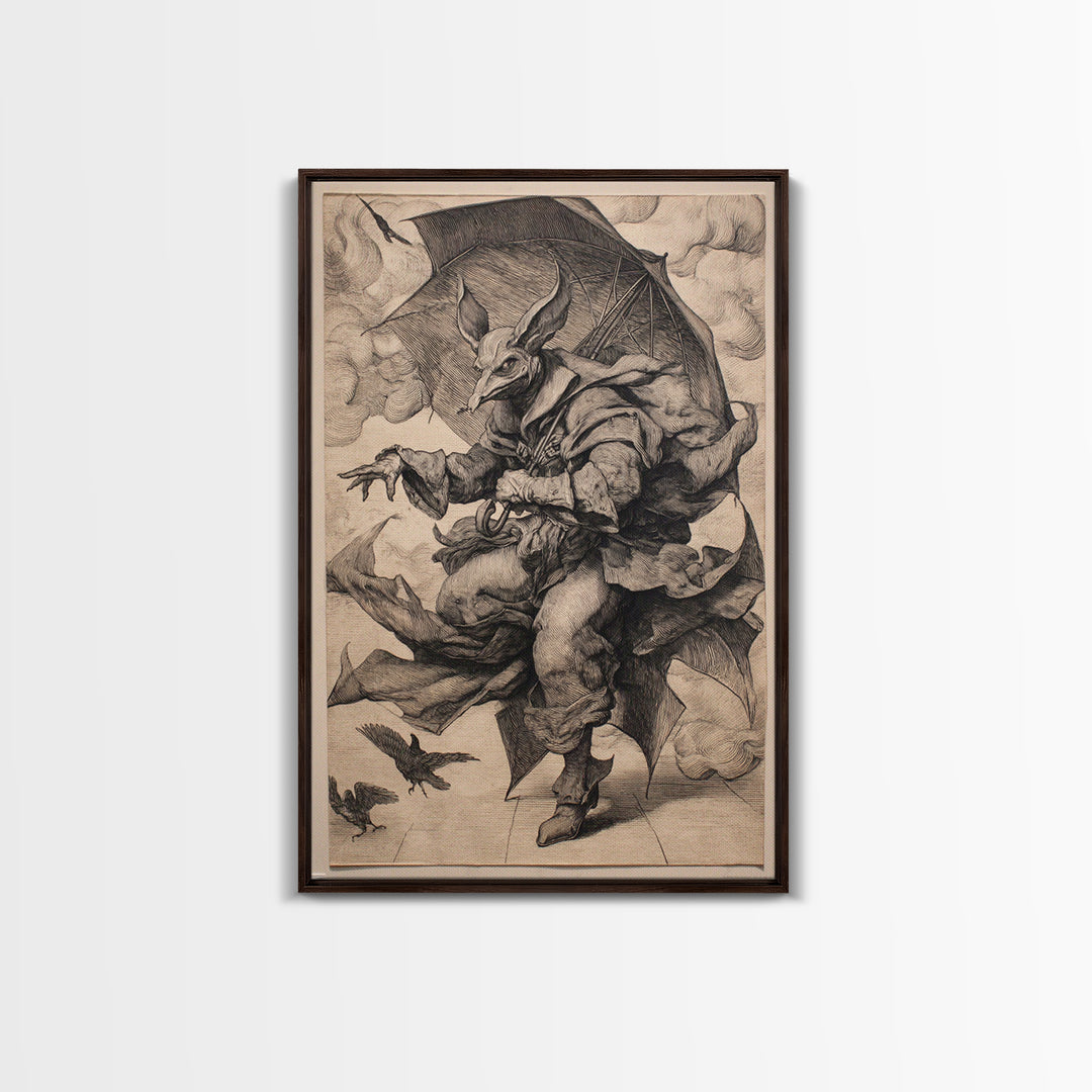 The Bat Umbrella Salesman, Renaissance Engraving Art, Vertical Wall Art, Dark Halloween Decor, Framed Canvas Print, Halloween Wall Art