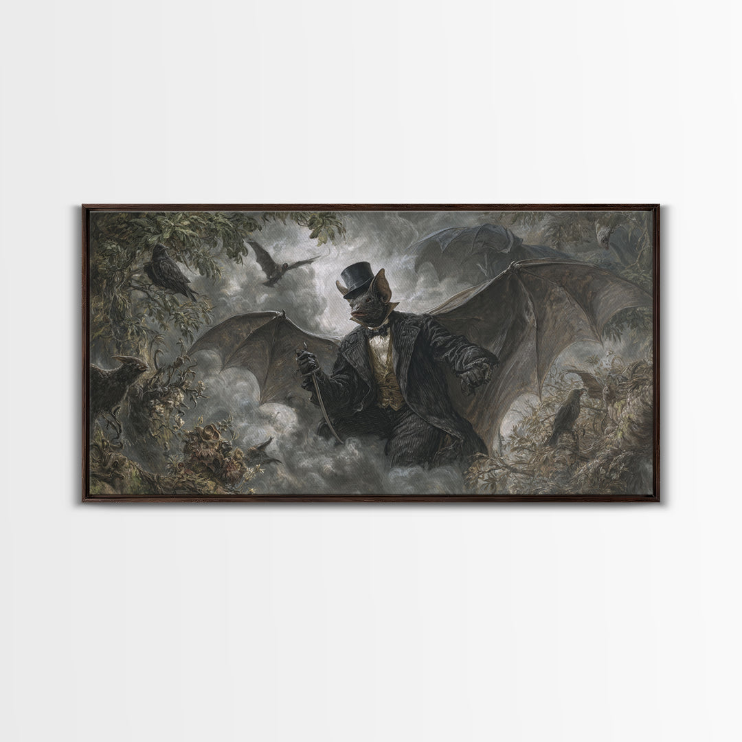 The Bat Umbrella Salesman, Baroque Witchcraft Art, Wide Panoramic Art, Dark Fantasy Wall Art, Canvas Print, Halloween Wall Art