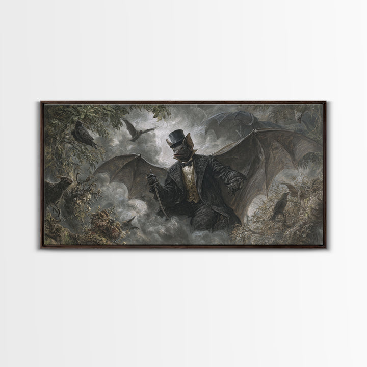 The Bat Umbrella Salesman, Baroque Witchcraft Art, Wide Panoramic Art, Dark Fantasy Wall Art, Canvas Print, Halloween Wall Art