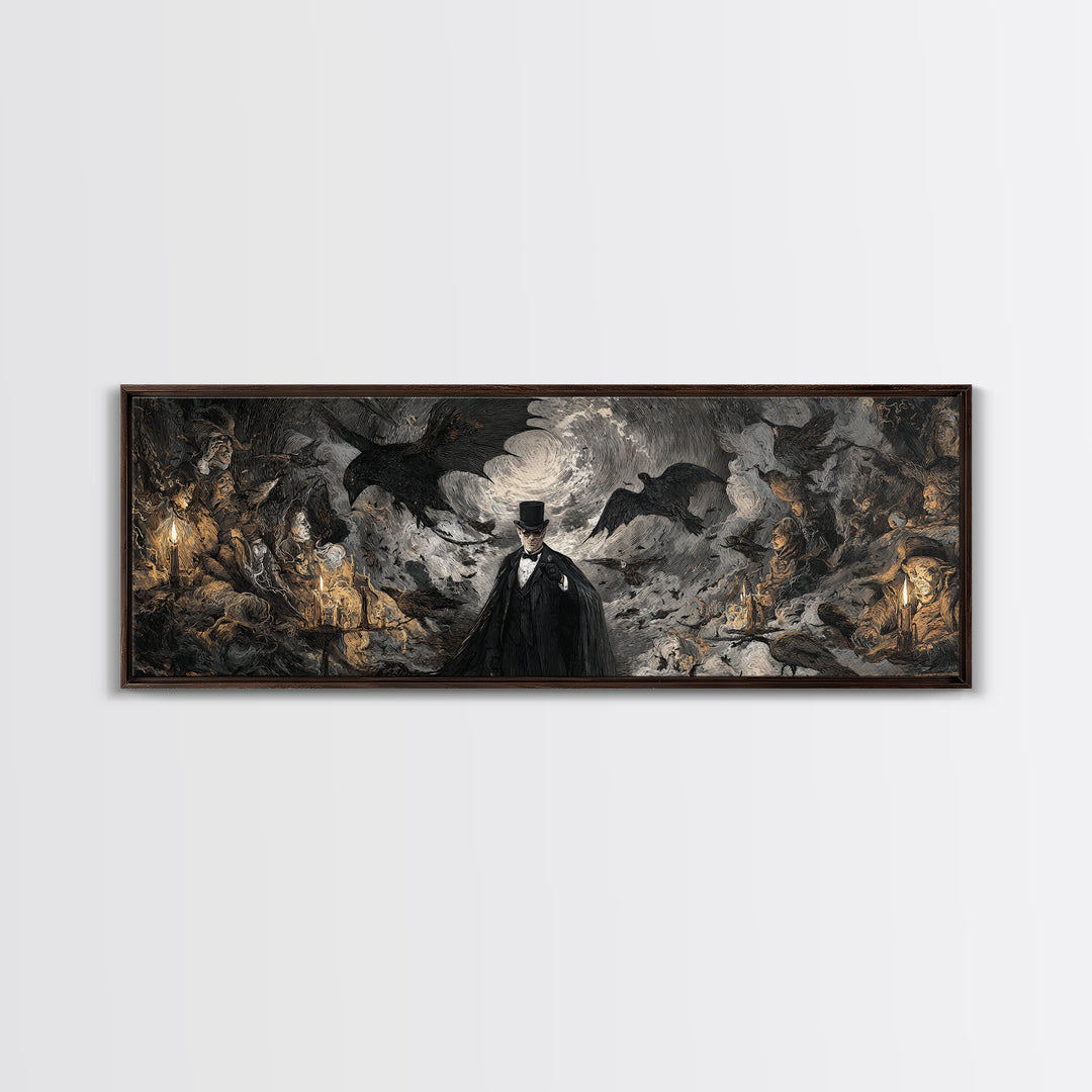 The Bat Umbrella Salesman, Dark Romantic Horror Art, Extra Wide Wall Art, Dark Halloween Decor, Canvas Print, Halloween Wall Art