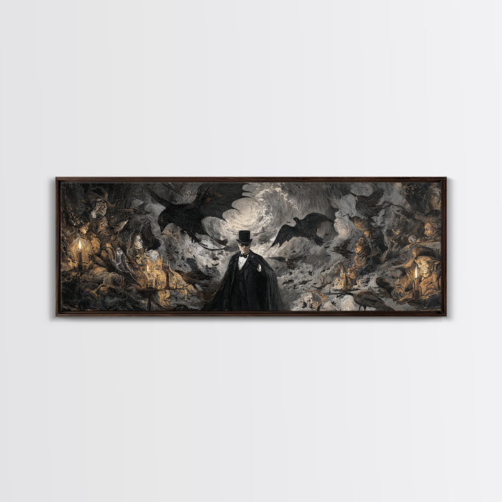 The Bat Umbrella Salesman, Dark Romantic Horror Art, Extra Wide Wall Art, Dark Halloween Decor, Canvas Print, Halloween Wall Art