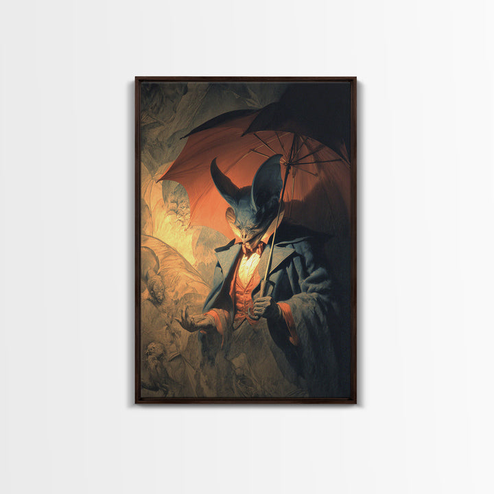 The Bat Umbrella Salesman, Gothic Nightmare Art, Vertical Wall Art, Dark Halloween Decor, Canvas Print, Halloween Wall Art