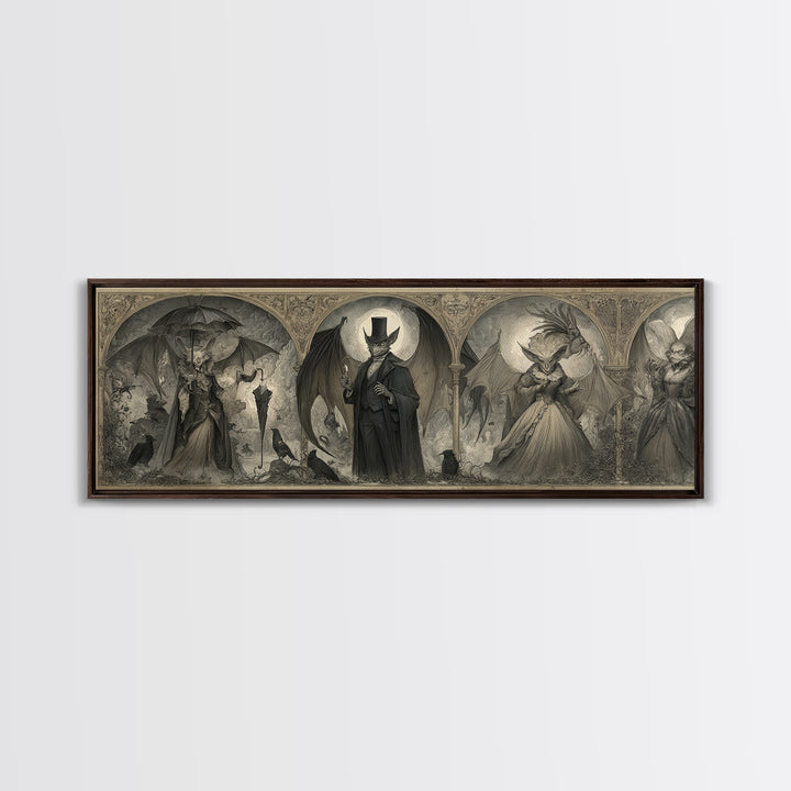The Bat Umbrella Salesman, Visionary Gothic Art, Extra Wide Wall Art, Dark Halloween Decor, Framed Canvas Print, Halloween Wall Art