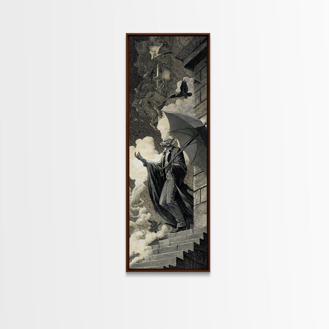 The Bat Umbrella Salesman, Architectural Etching Art, Tall Narrow Wall Art, Macabre Wall Art, Framed Canvas Print