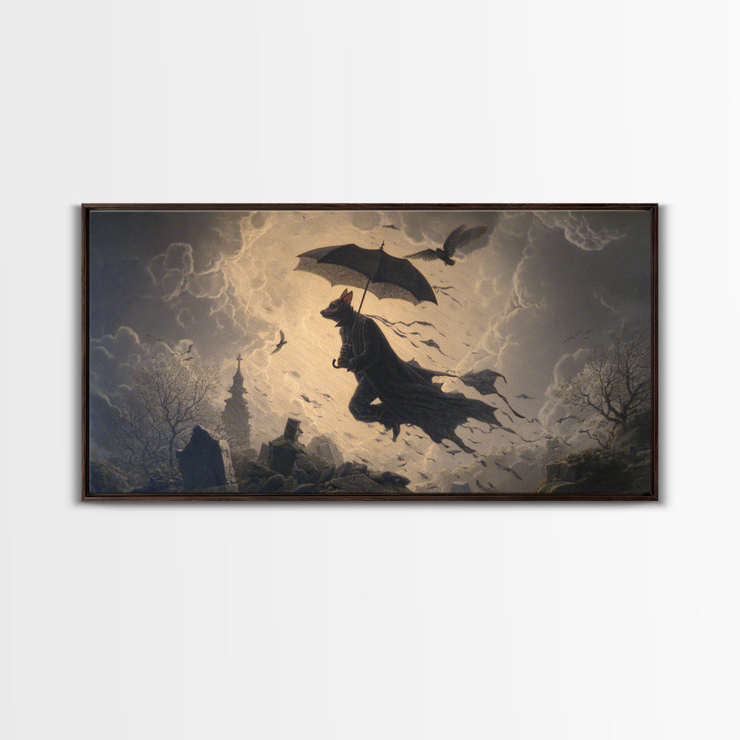 The Bat Umbrella Salesman, Romantic Gothic Landscape, Wide Panoramic Art, Dark Fantasy Wall Art, Canvas Print, Halloween Wall Art