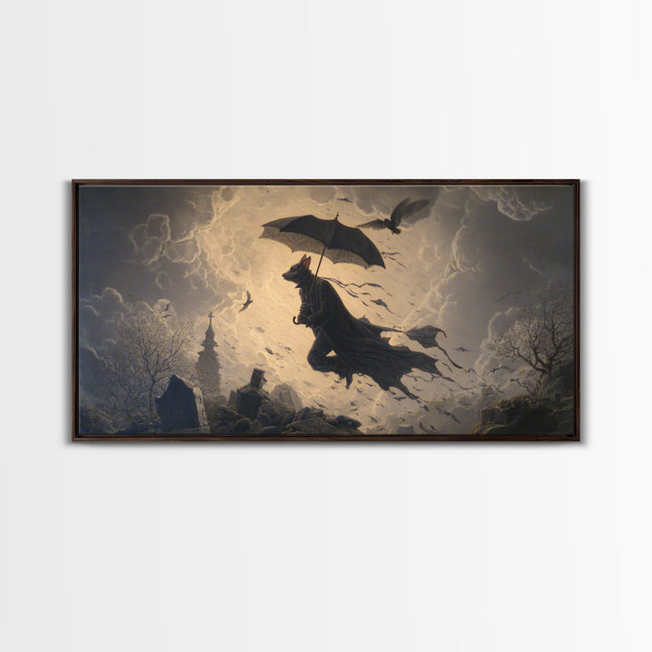 The Bat Umbrella Salesman, Romantic Gothic Landscape, Wide Panoramic Art, Dark Fantasy Wall Art, Canvas Print, Halloween Wall Art