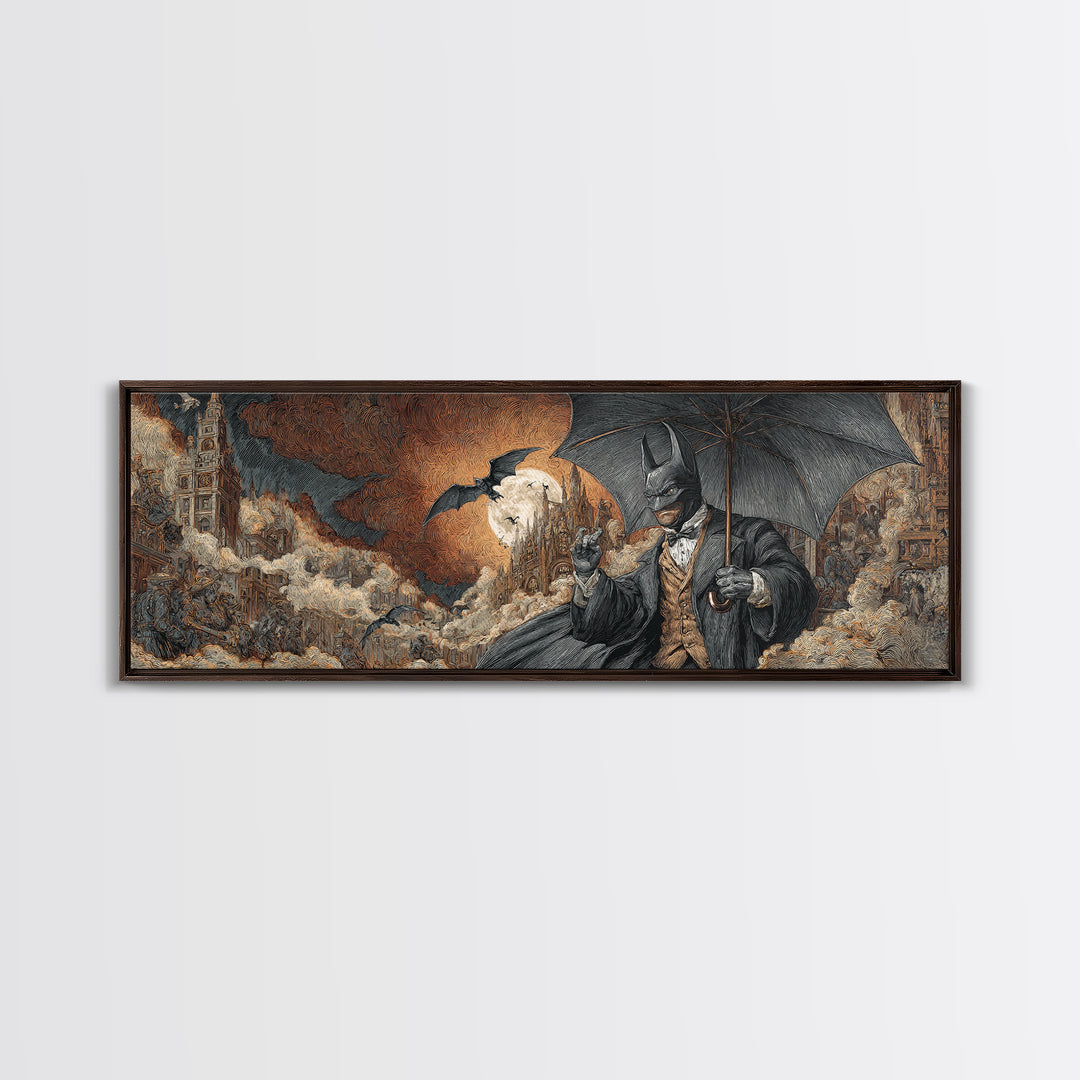 The Bat Umbrella Salesman, Apocalyptic Romantic Art, Extra Wide Wall Art, Macabre Wall Art, Framed Canvas Print, Halloween Wall Art