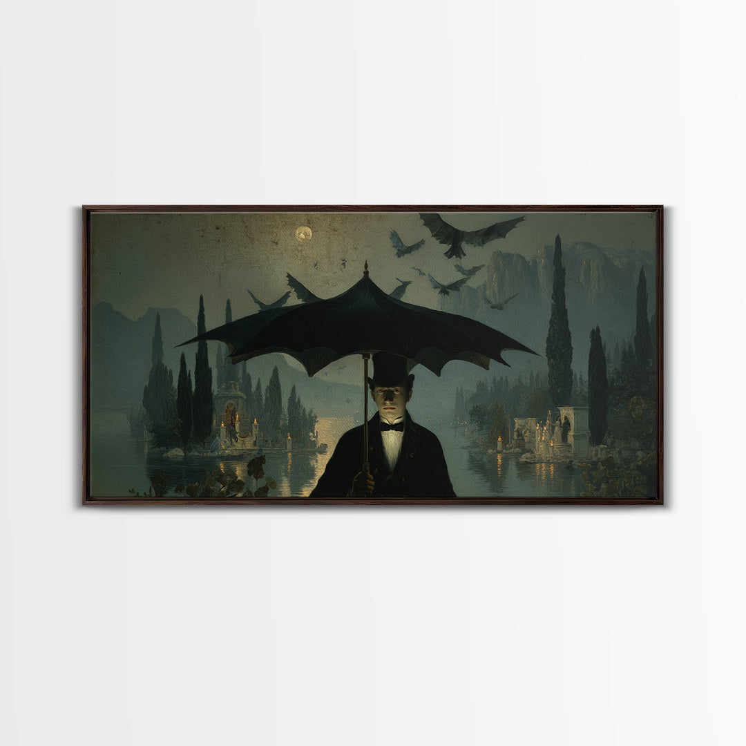 The Bat Umbrella Salesman, Symbolist Gothic Landscape, Wide Panoramic Art, Dark Halloween Decor, Canvas Print, Halloween Wall Art