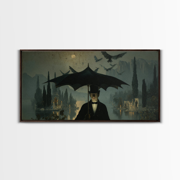 The Bat Umbrella Salesman, Symbolist Gothic Landscape, Wide Panoramic Art, Dark Halloween Decor, Canvas Print, Halloween Wall Art