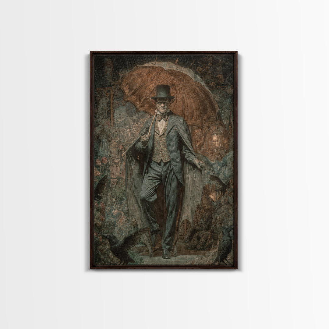 The Bat Umbrella Salesman, Ornate Symbolist Art, Vertical Wall Art, Gothic Horror Wall Art, Framed Canvas Print, Halloween Wall Art