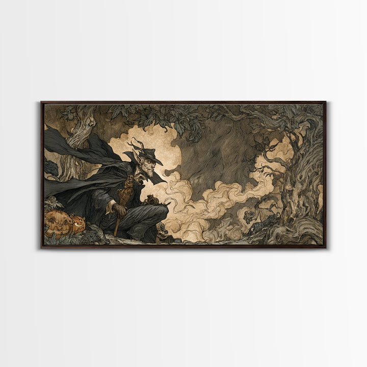The Bat Umbrella Salesman, Gothic Storybook Art, Wide Panoramic Art, Dark Fantasy Wall Art, Framed Canvas Print, Halloween Wall Art