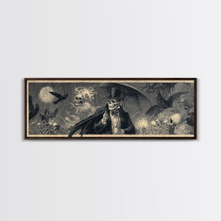 The Bat Umbrella Salesman, Macabre Folk Print Art, Extra Wide Wall Art, Dark Fantasy Wall Art, Canvas Print, Halloween Wall Art