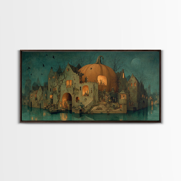 The Pumpkin-House Neighborhood, Medieval Grotesque Art, Wide Panoramic Art, Macabre Wall Art, Framed Canvas Print, Halloween Wall Art