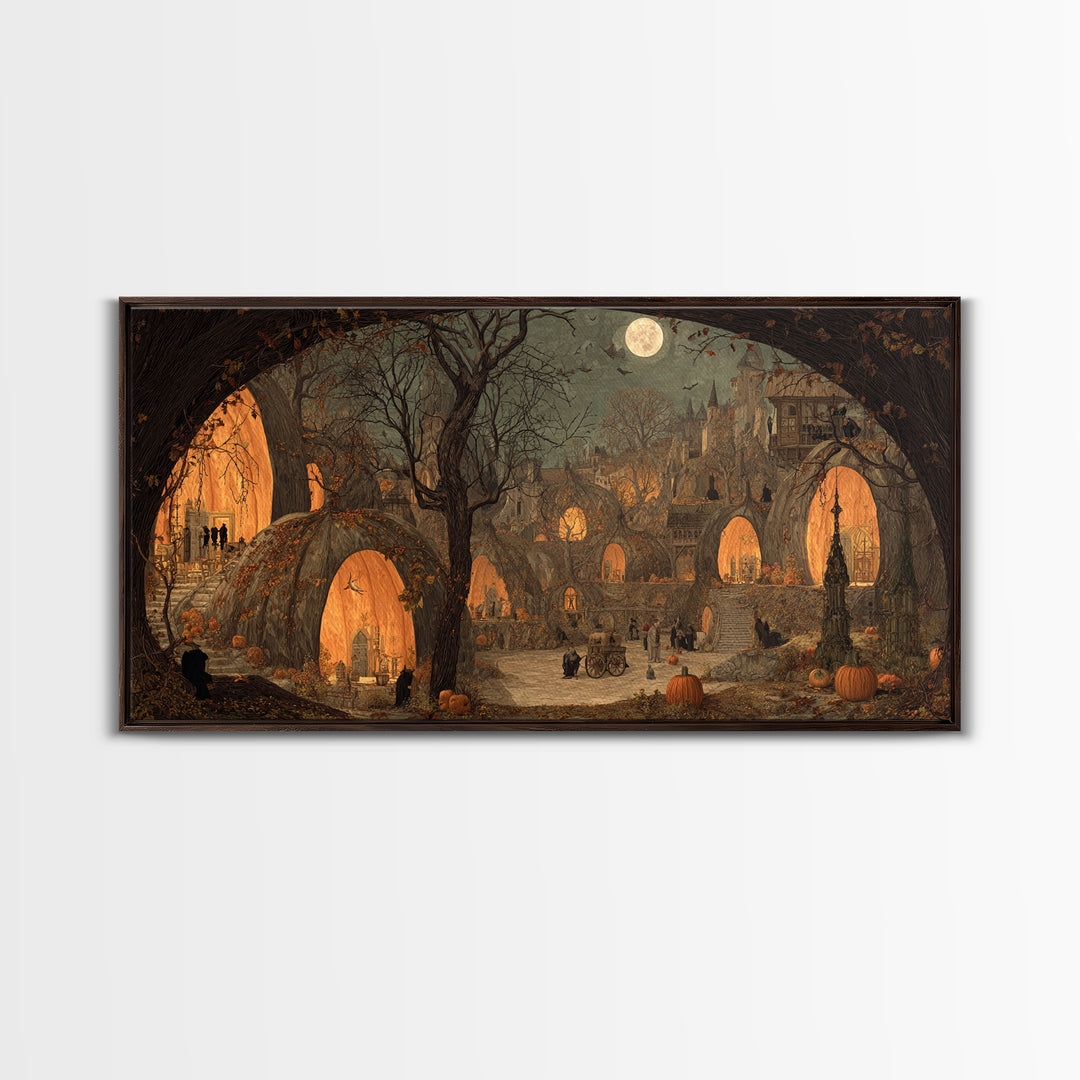 The Pumpkin-House Neighborhood, Northern Renaissance Horror, Wide Panoramic Art, Dark Fantasy Wall Art, Framed Canvas Print