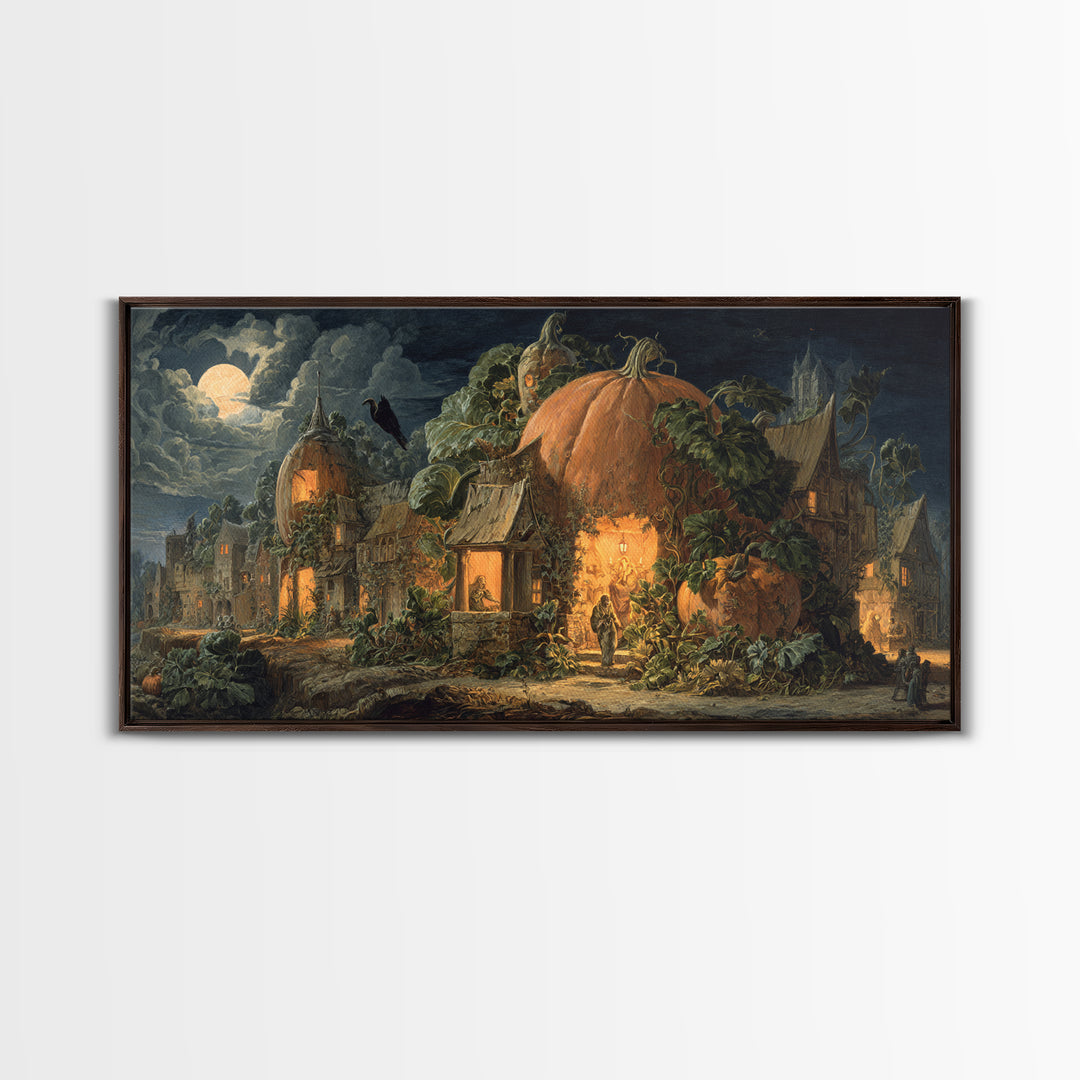 The Pumpkin-House Neighborhood, Dark Renaissance Art, Wide Panoramic Art, Dark Halloween Decor, Framed Canvas Print