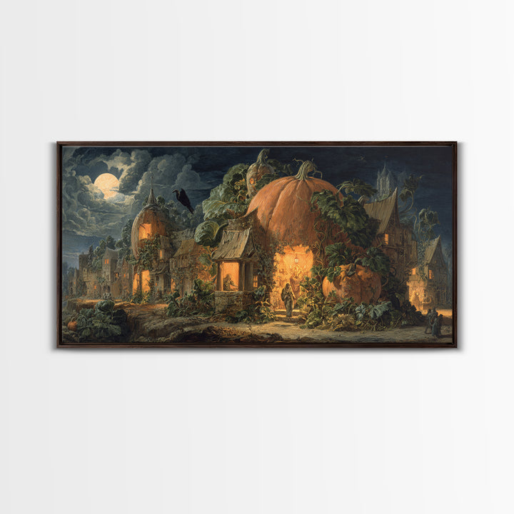 The Pumpkin-House Neighborhood, Dark Renaissance Art, Wide Panoramic Art, Dark Halloween Decor, Framed Canvas Print