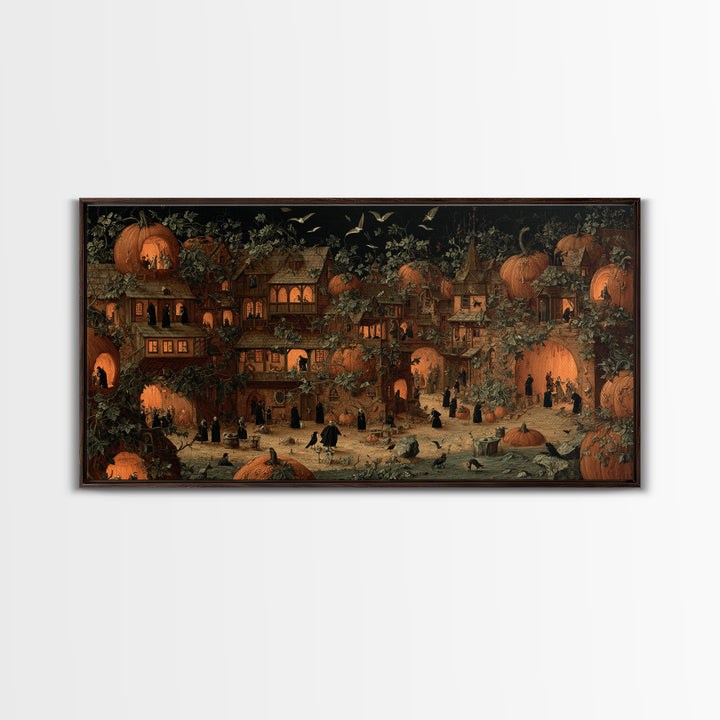 The Pumpkin-House Neighborhood, Danse Macabre Art, Wide Panoramic Art, Macabre Wall Art, Framed Canvas Print