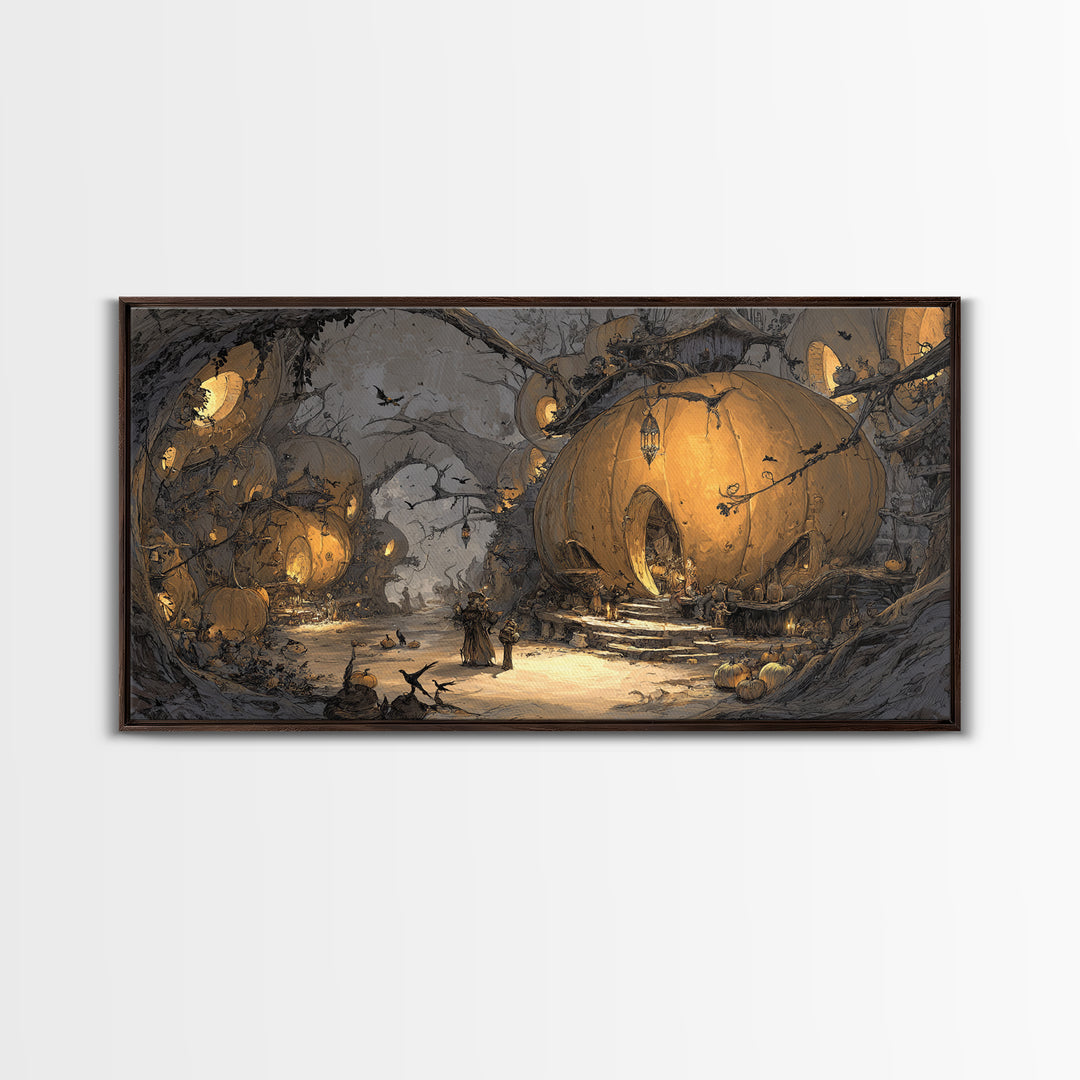 The Pumpkin-House Neighborhood, Baroque Witchcraft Art, Wide Panoramic Art, Dark Halloween Decor, Framed Canvas Print