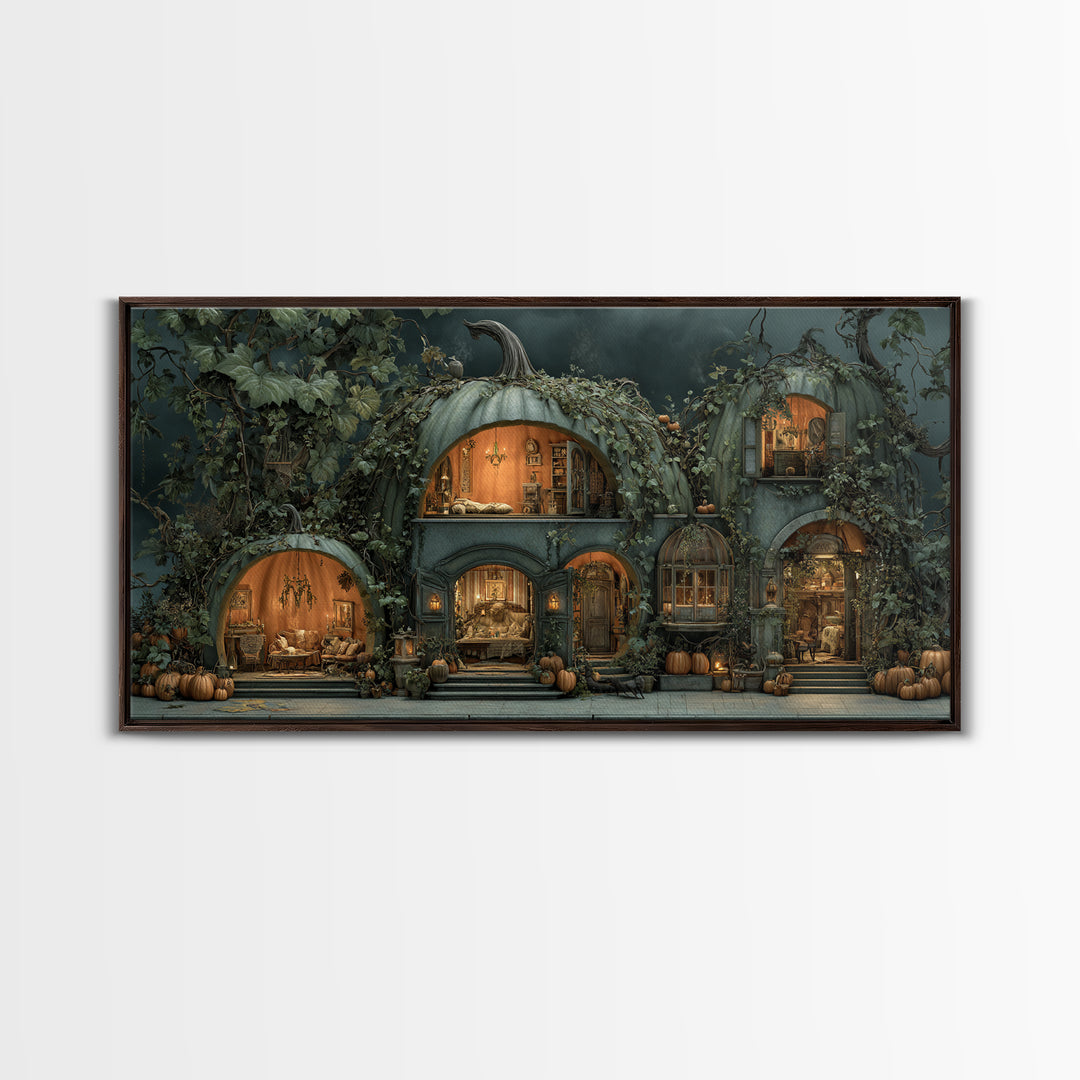 The Pumpkin-House Neighborhood, Gothic Nightmare Art, Wide Panoramic Art, Dark Halloween Decor, Canvas Print, Halloween Wall Art