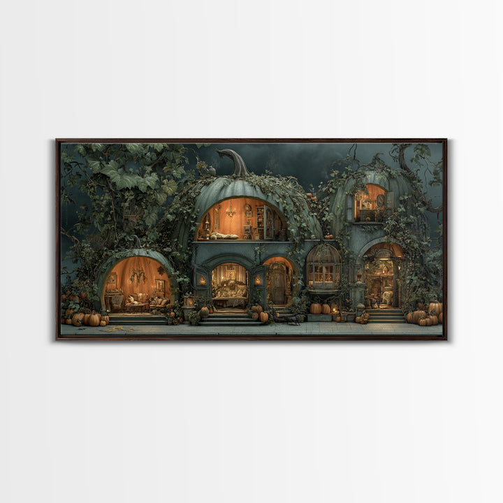 The Pumpkin-House Neighborhood, Gothic Nightmare Art, Wide Panoramic Art, Dark Halloween Decor, Canvas Print, Halloween Wall Art