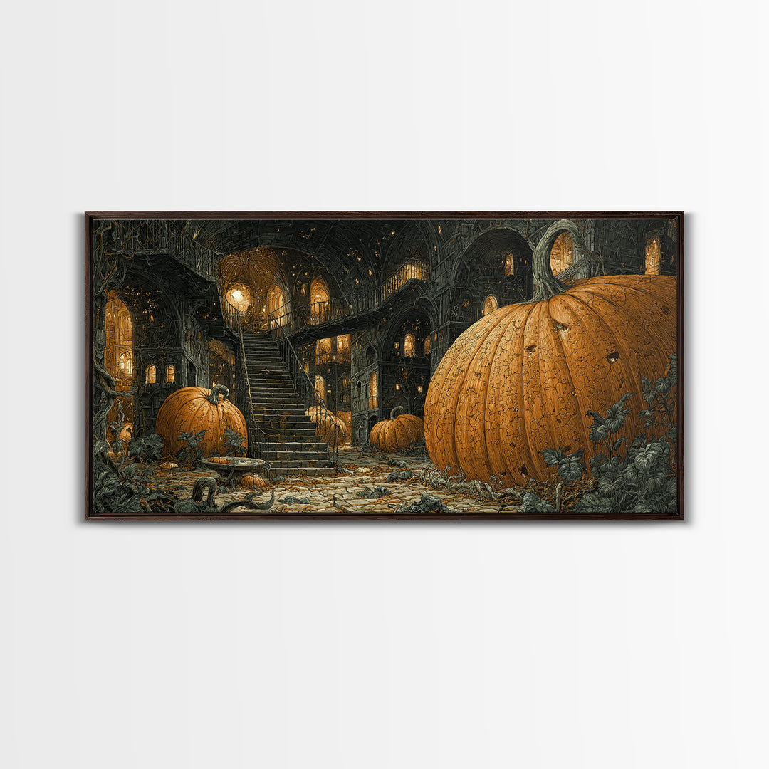 The Pumpkin-House Neighborhood, Architectural Etching Art, Wide Panoramic Art, Gothic Horror Wall Art, Canvas Print